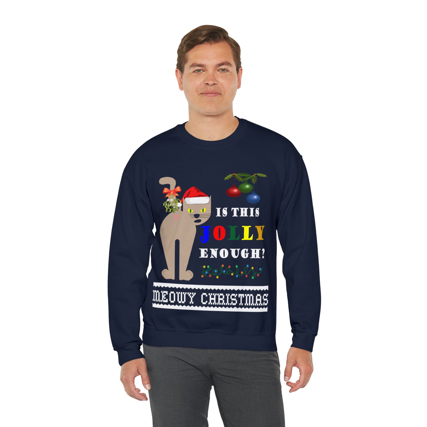 Funny Ugly Christmas Sweater Naughty Cat Mistletoe Unisex