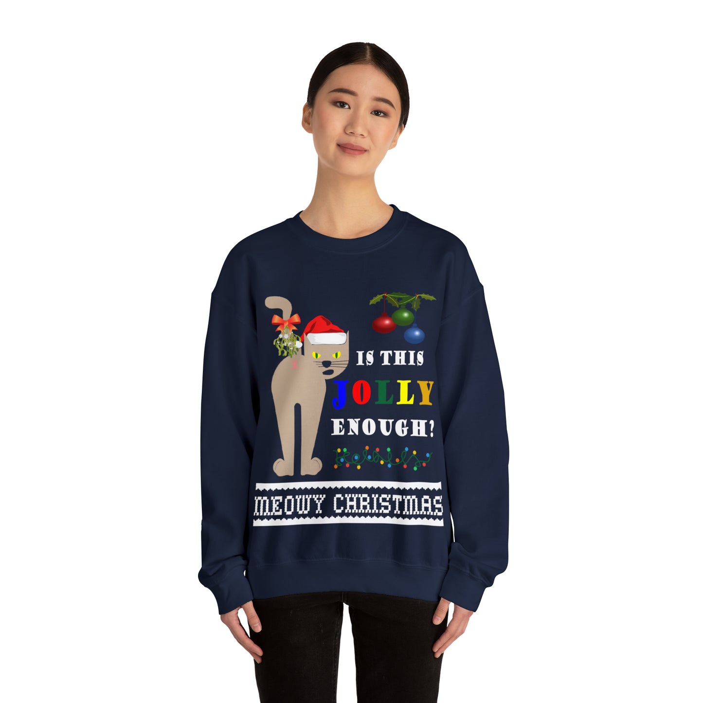 Funny Ugly Christmas Sweater Naughty Cat Mistletoe Unisex