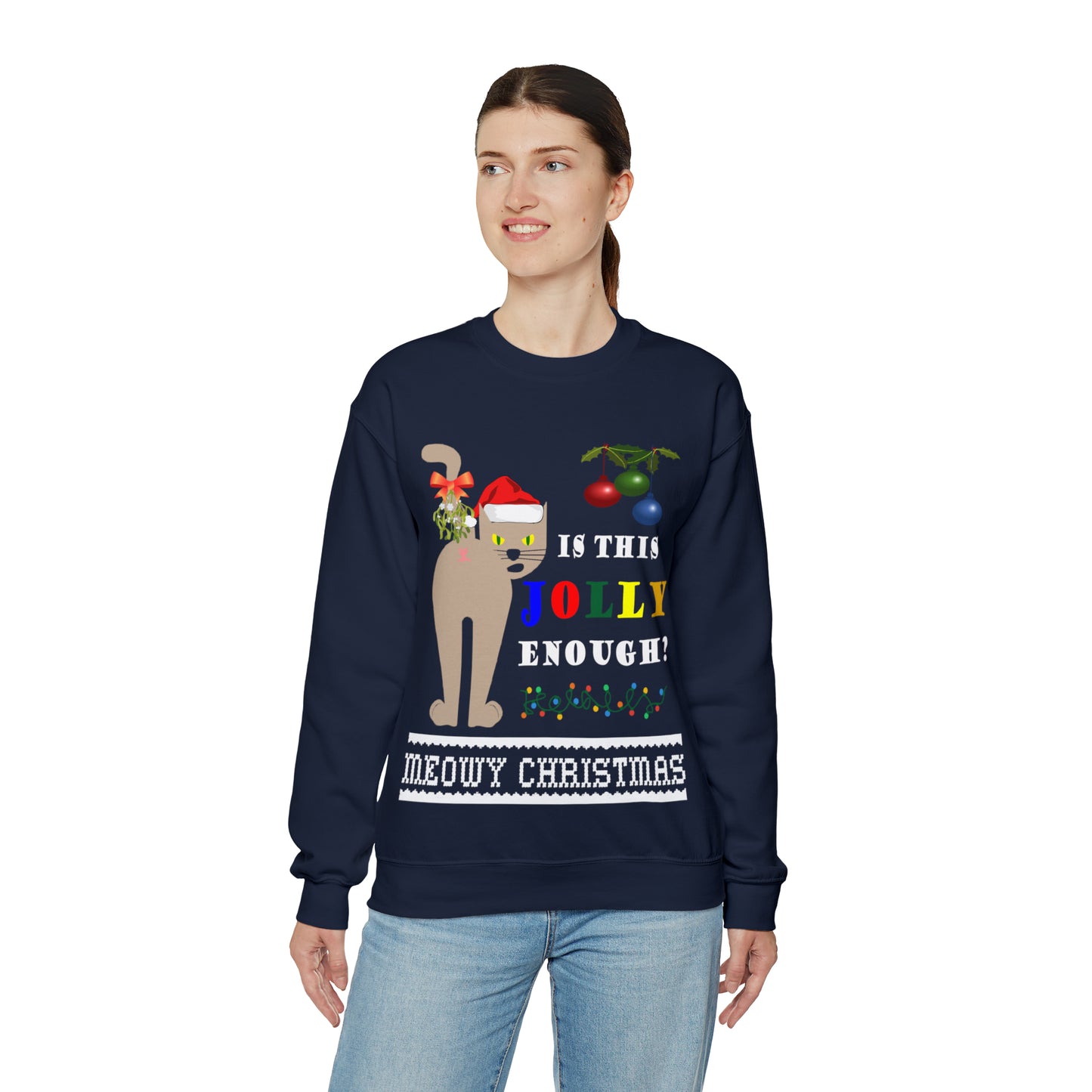 Funny Ugly Christmas Sweater Naughty Cat Mistletoe Unisex