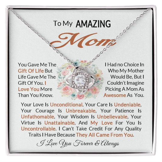 To My Amazing Mom I Love You More Than You Know Love Knot Necklace Gift For Mom