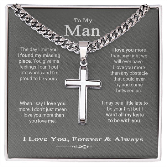 To My Man I Love You Cuban Link Cross Chain Gift