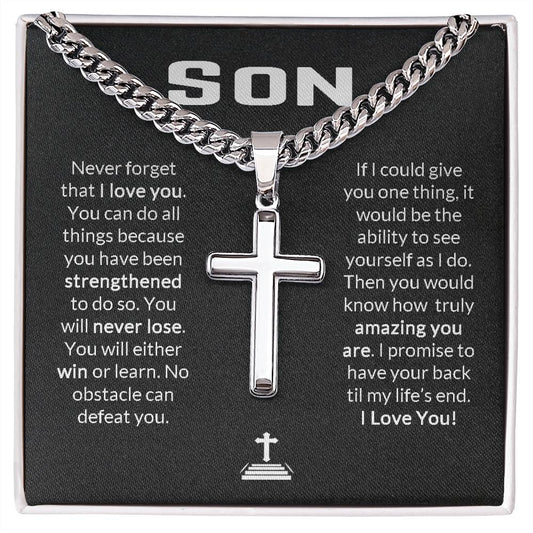 To My Son  Never Forget I Love You Cuban Link Faith Cross Necklace